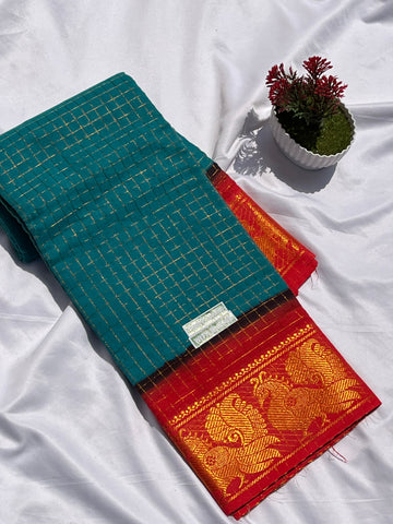 Sungudi cotton rama green & red gold jari