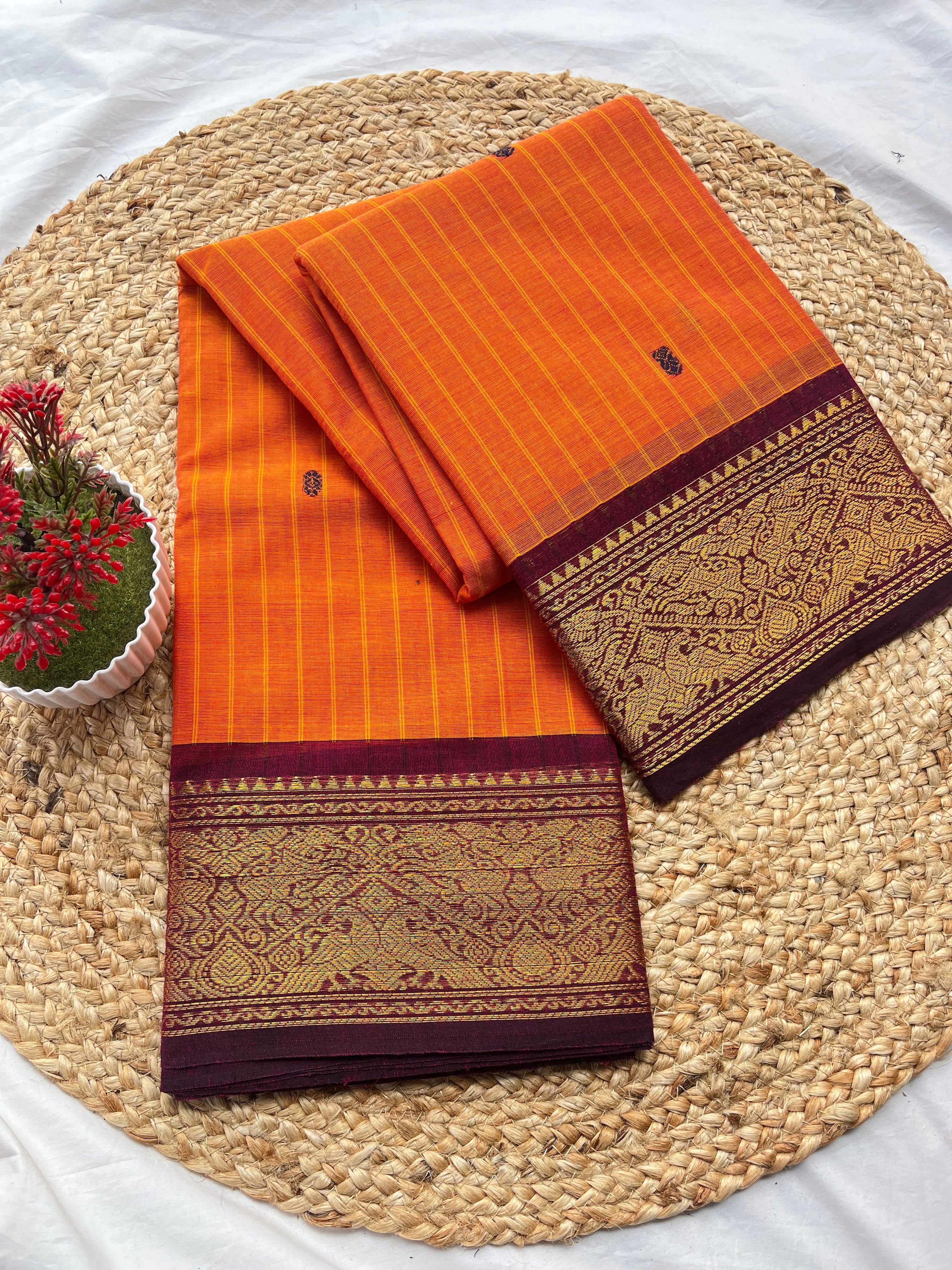 Chettinad cotton Orange & maroon-Stripes butta