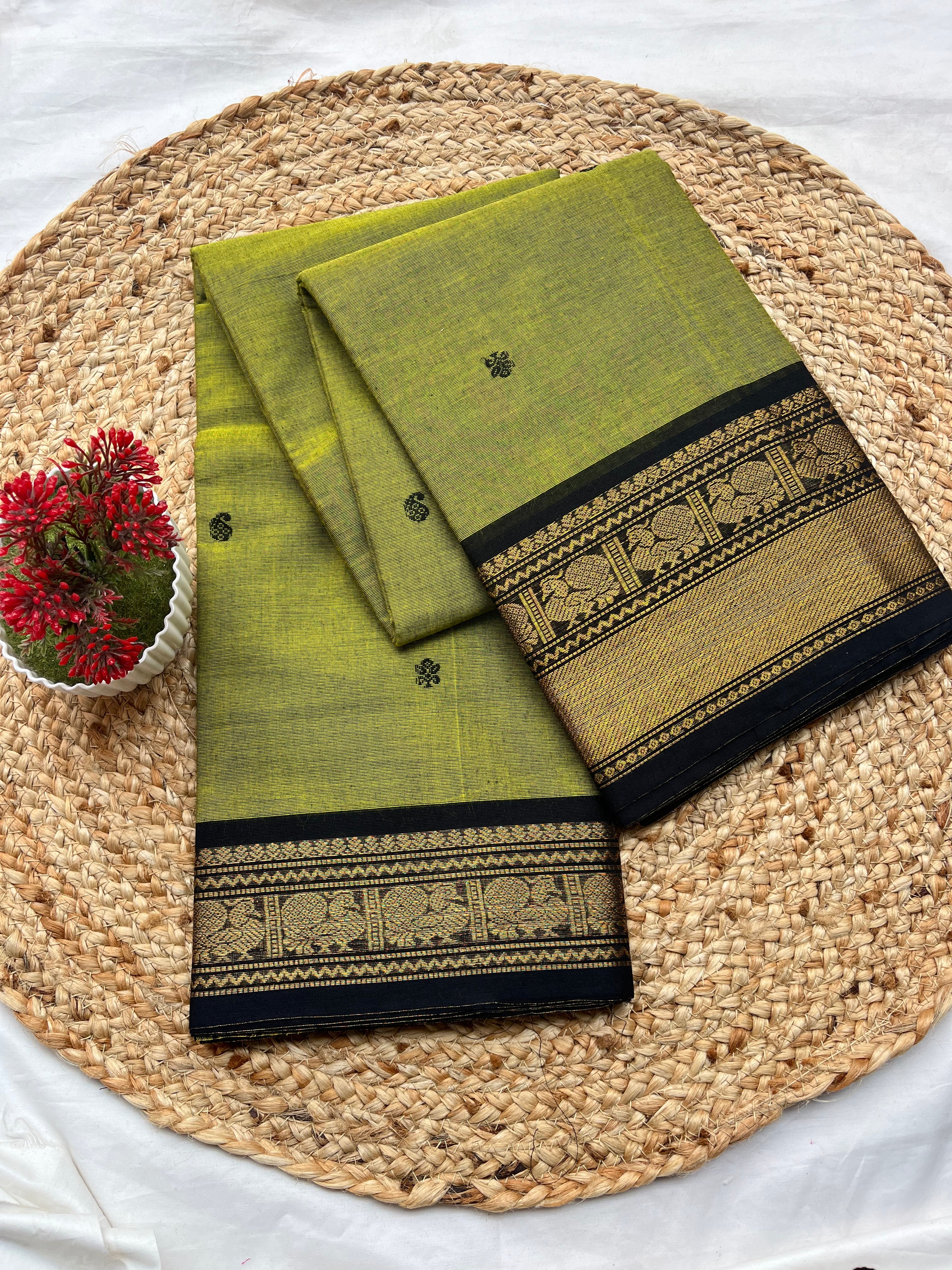 Chettinad cotton green & black-butta