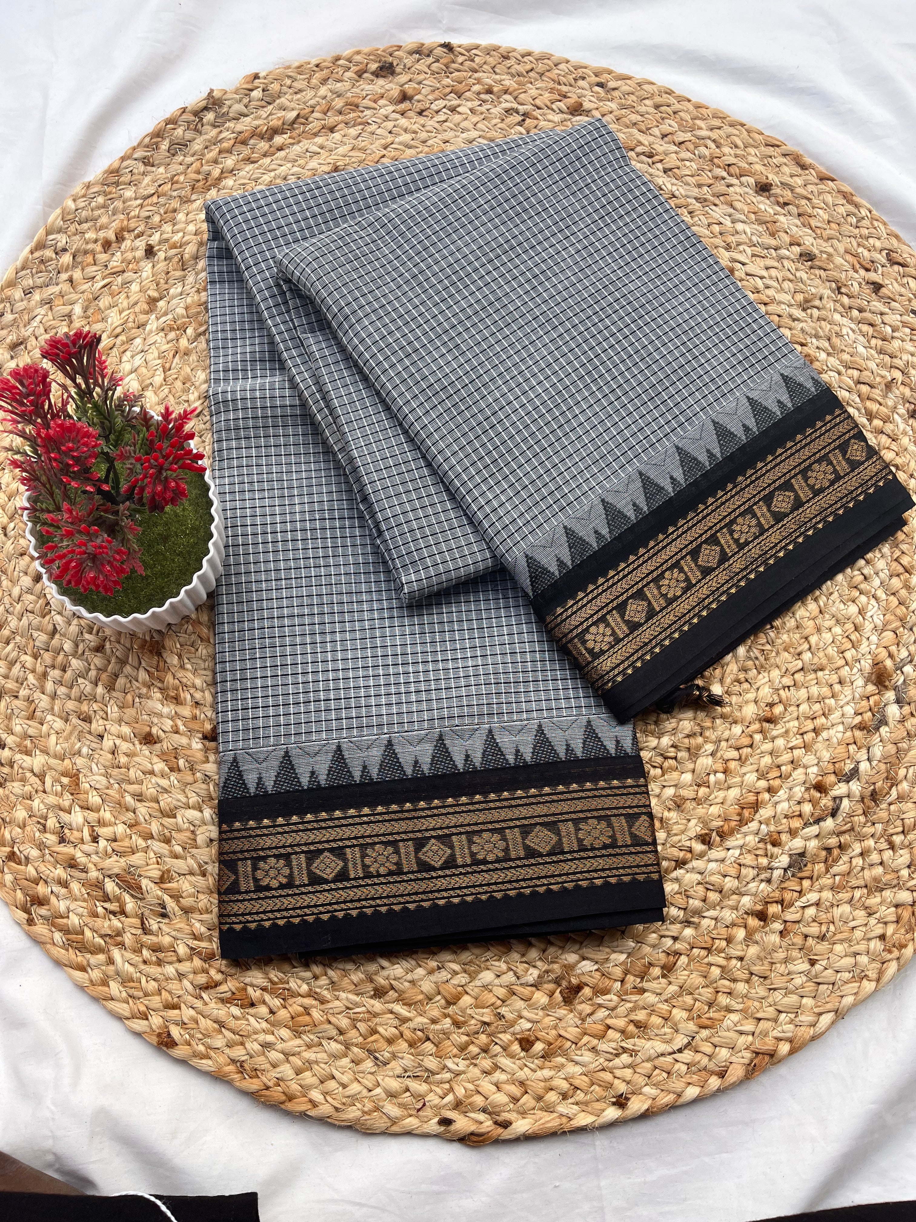 Chettinad cotton Ash & Black-korvai checks