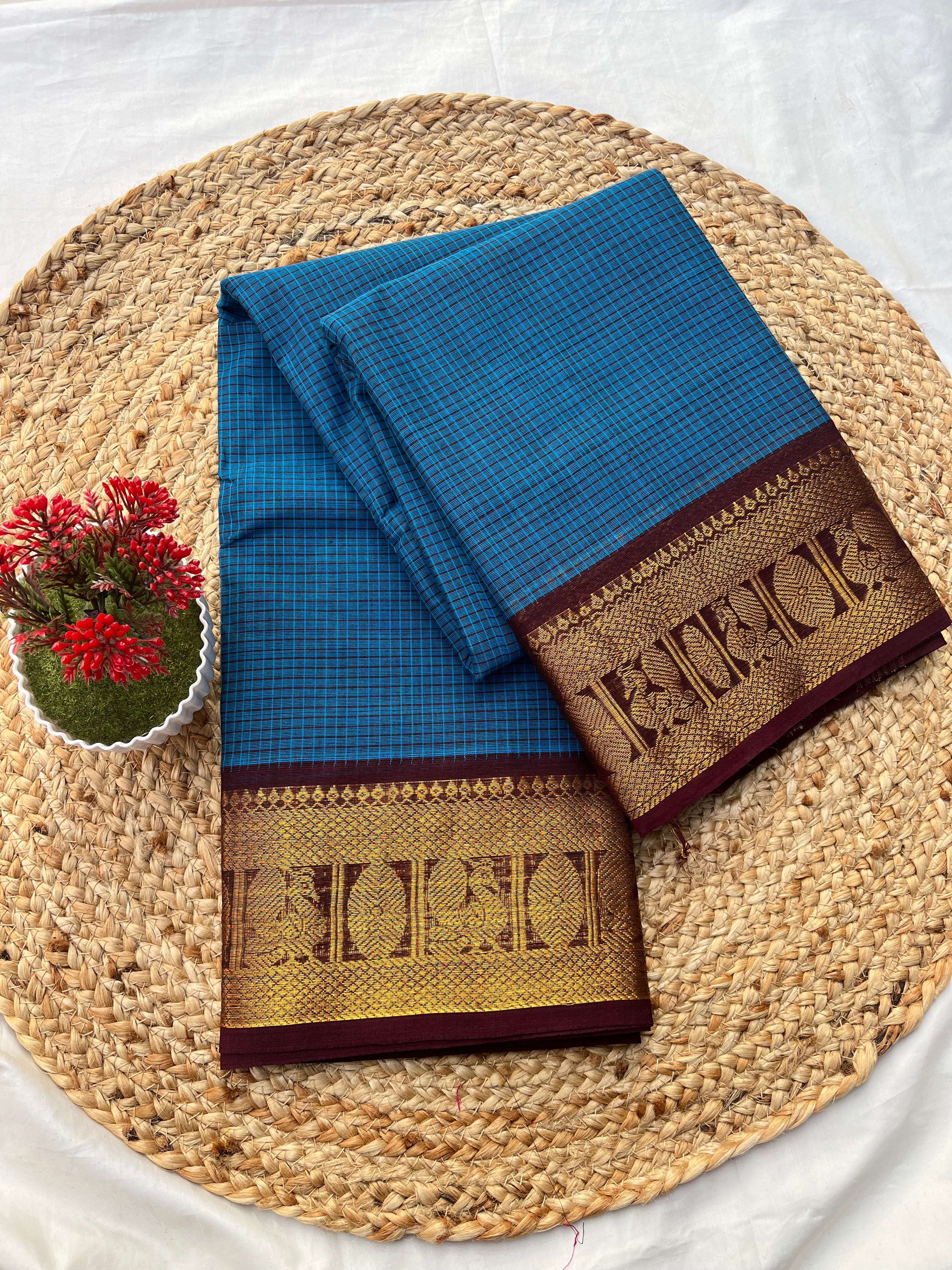 Chettinad cotton blue & brown -korvai checks