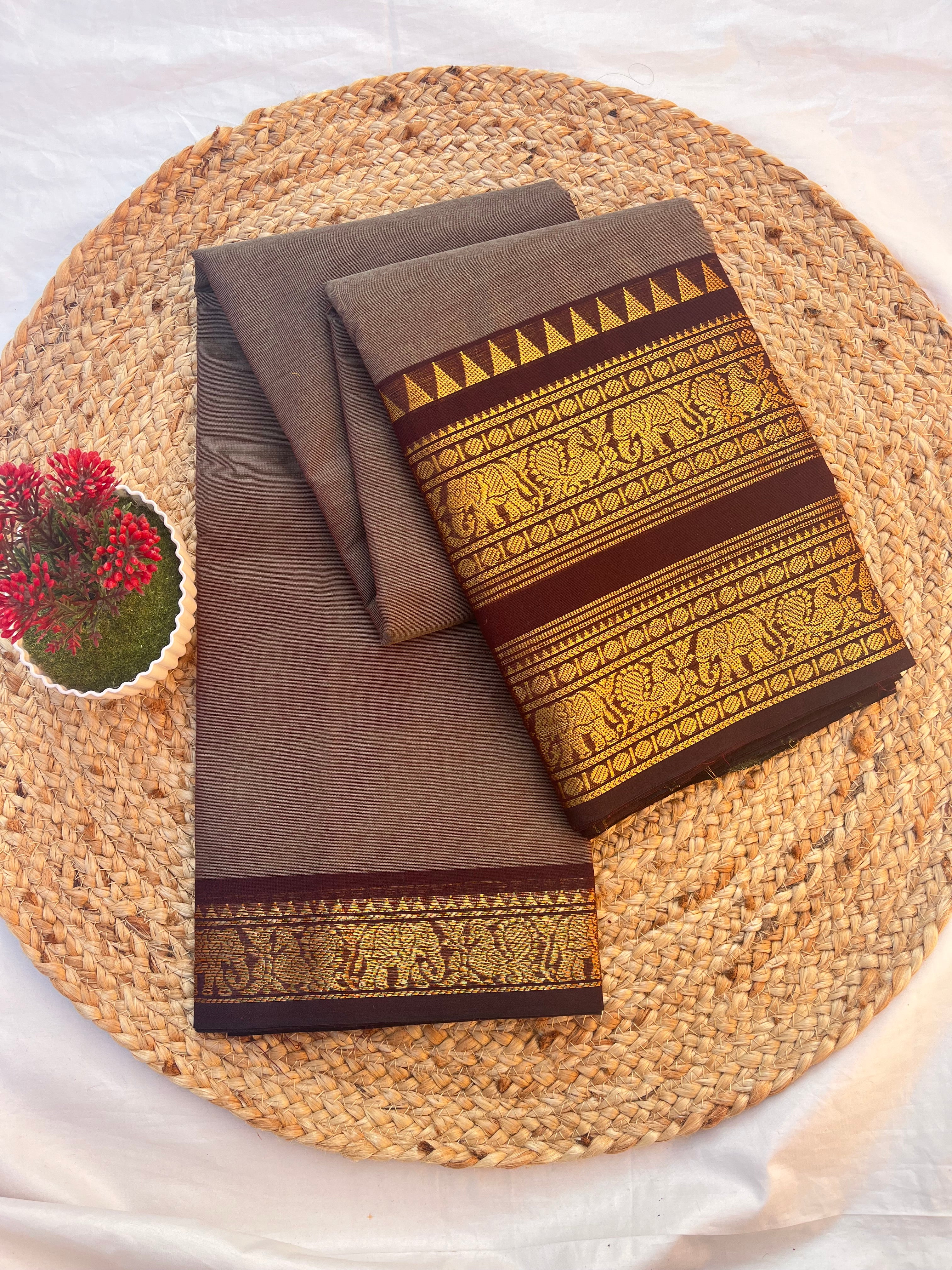 Chettinad cotton Ash & maroon-Double Plain