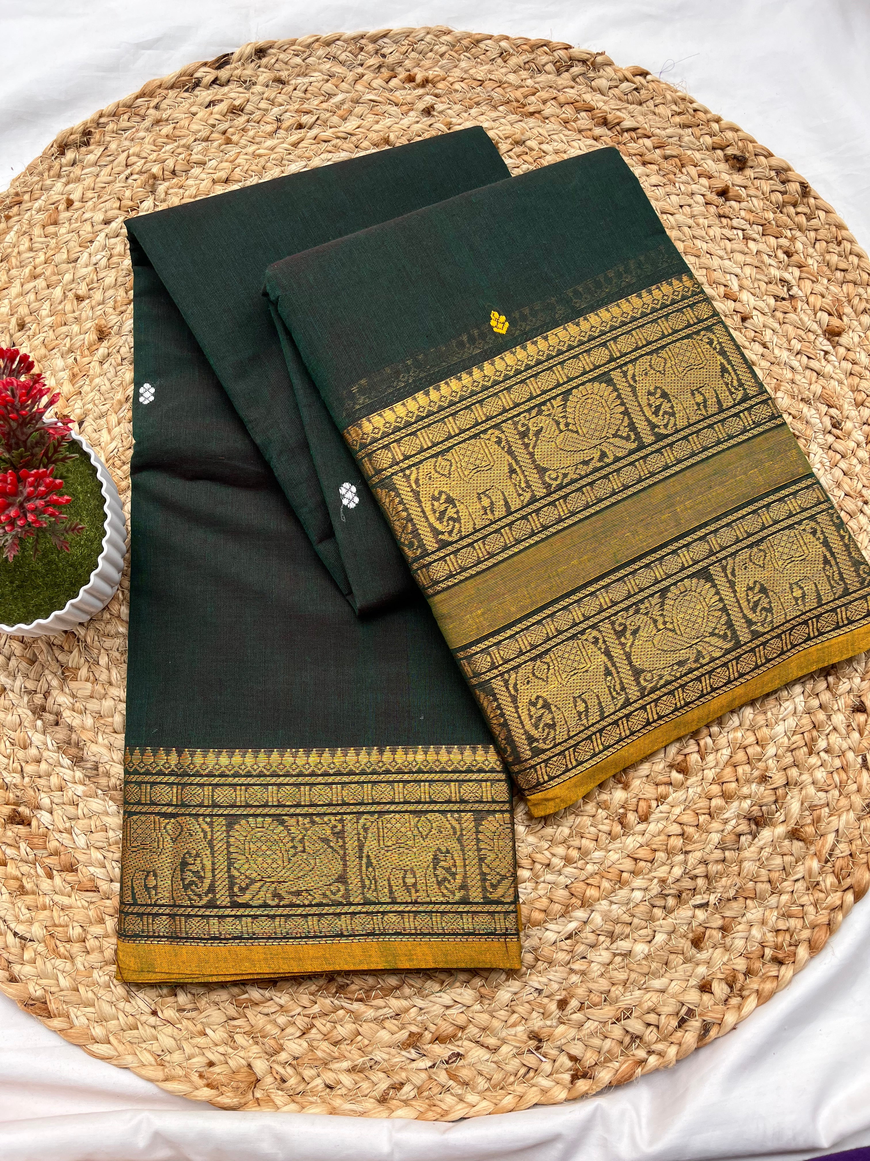 Chettinad cotton bottle green & mustard yellow-butta