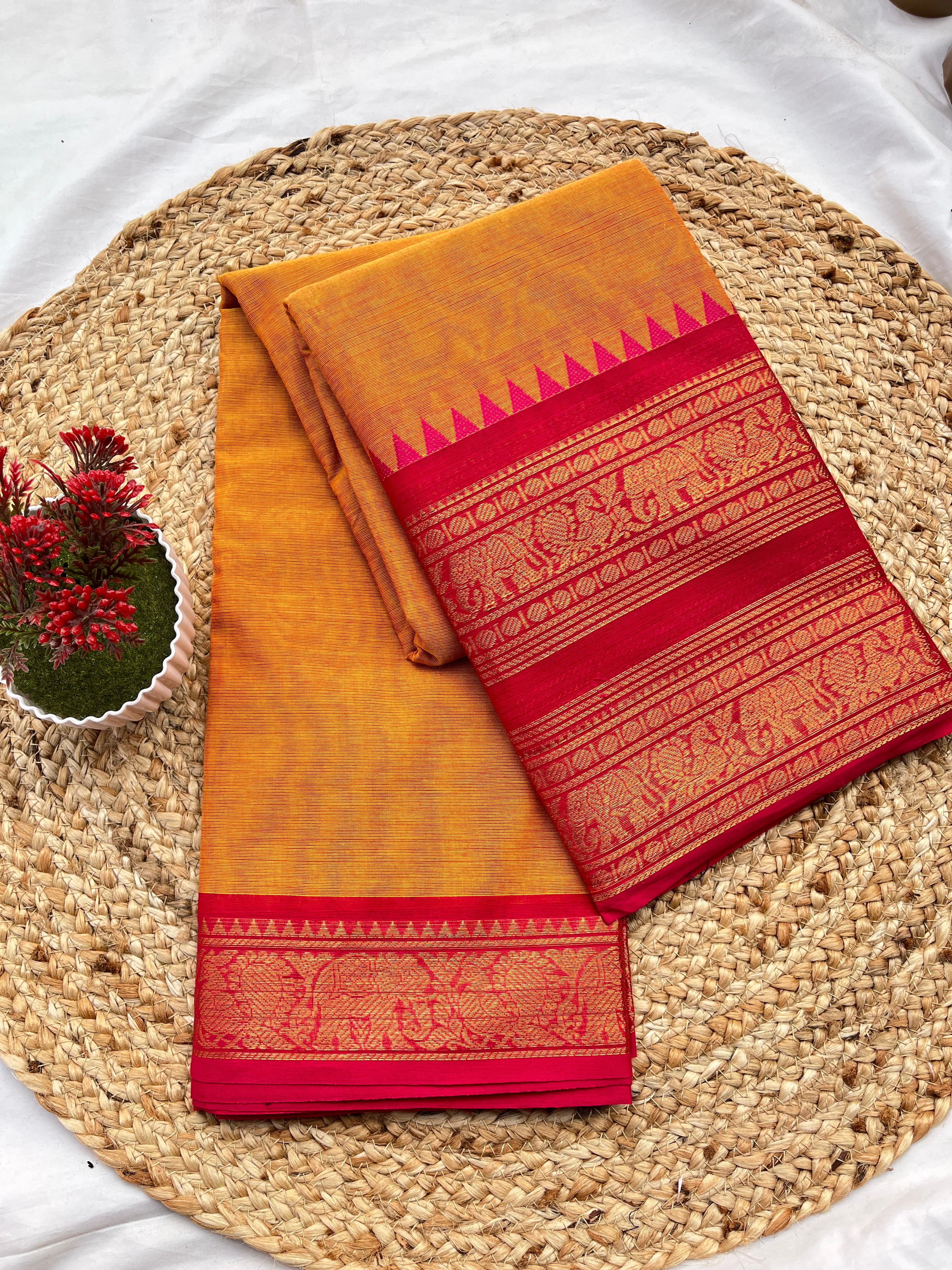 Chettinad cotton orange & pink-Double border