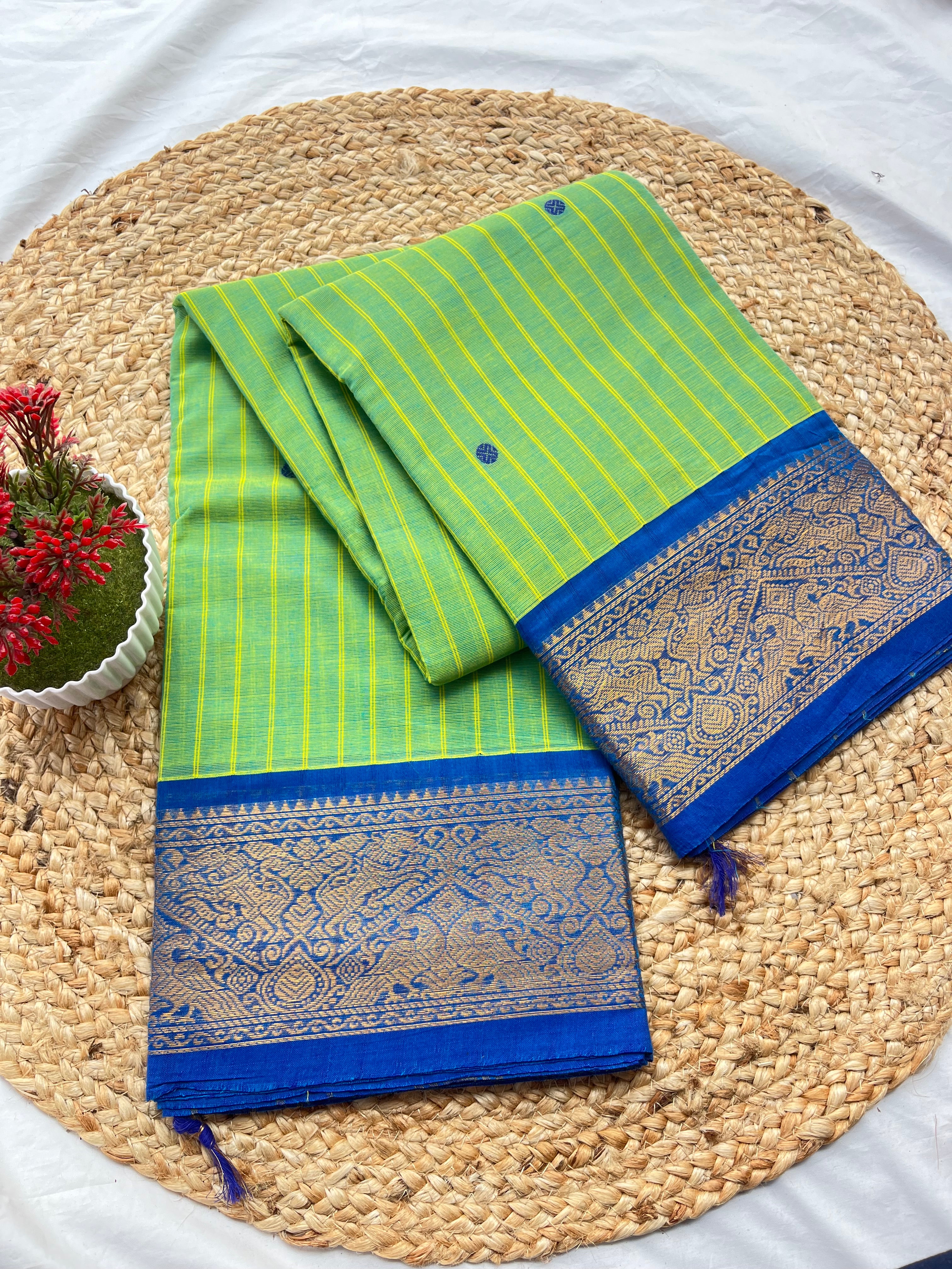 Chettinad cotton pastel green & blue-stripes butta
