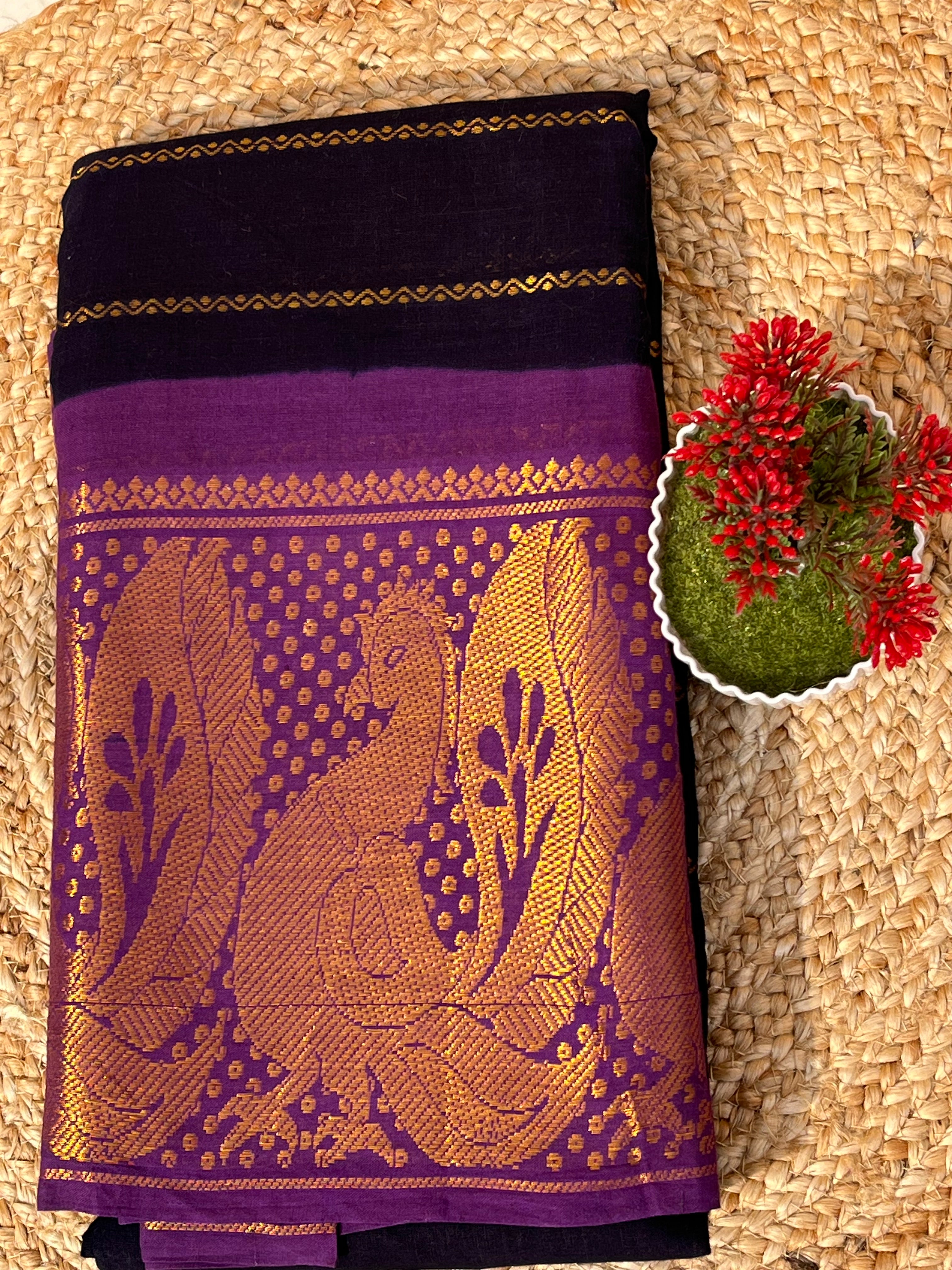 Sungudi cotton navy blue & purple-big border