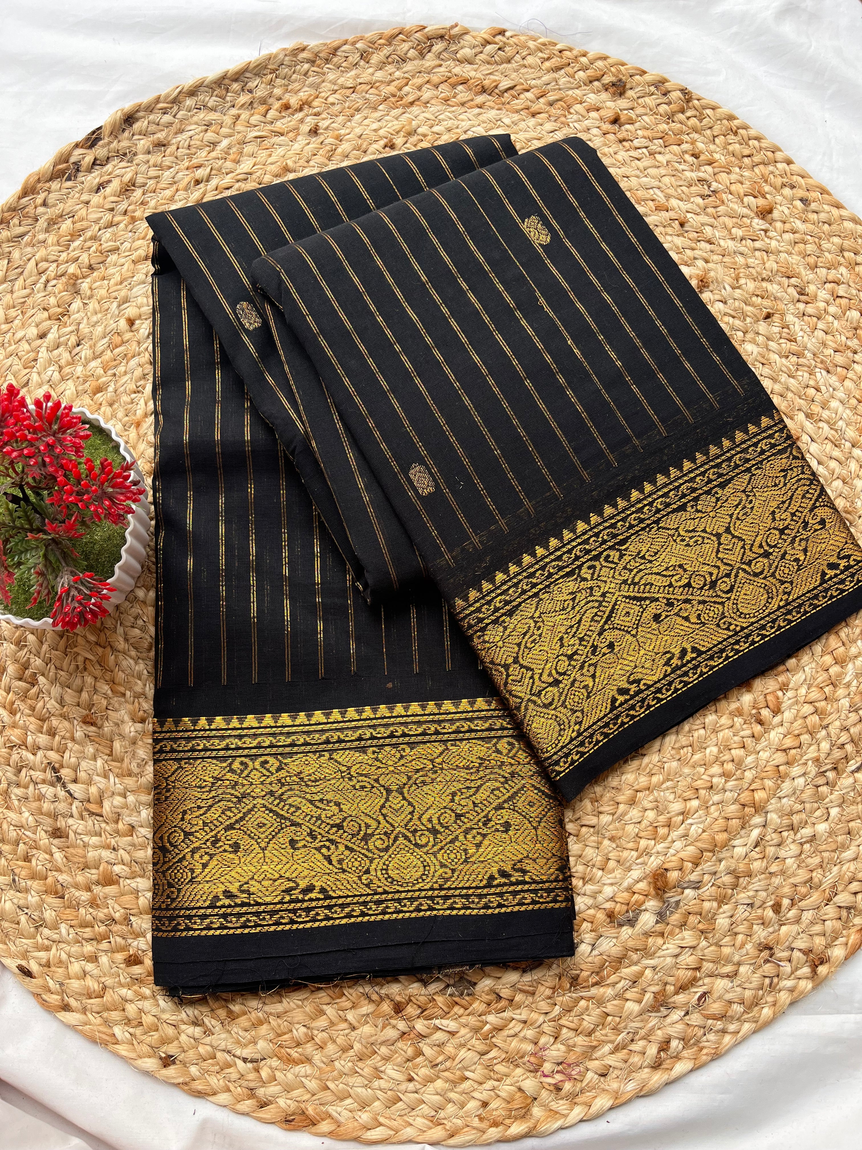 Chettinad cotton Black-strips butta