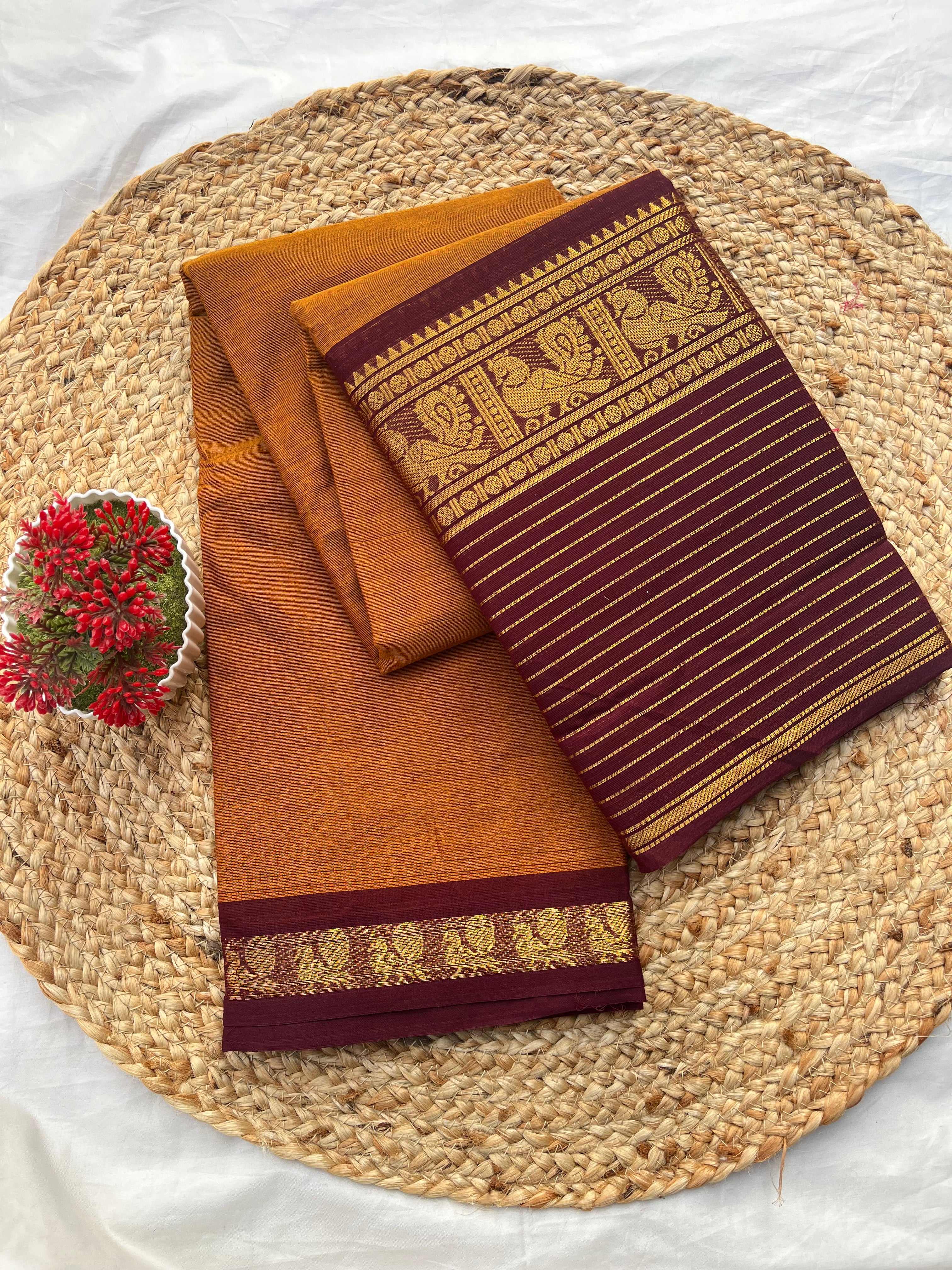 Chettinad cotton mustard yellow & maroon-lines plain