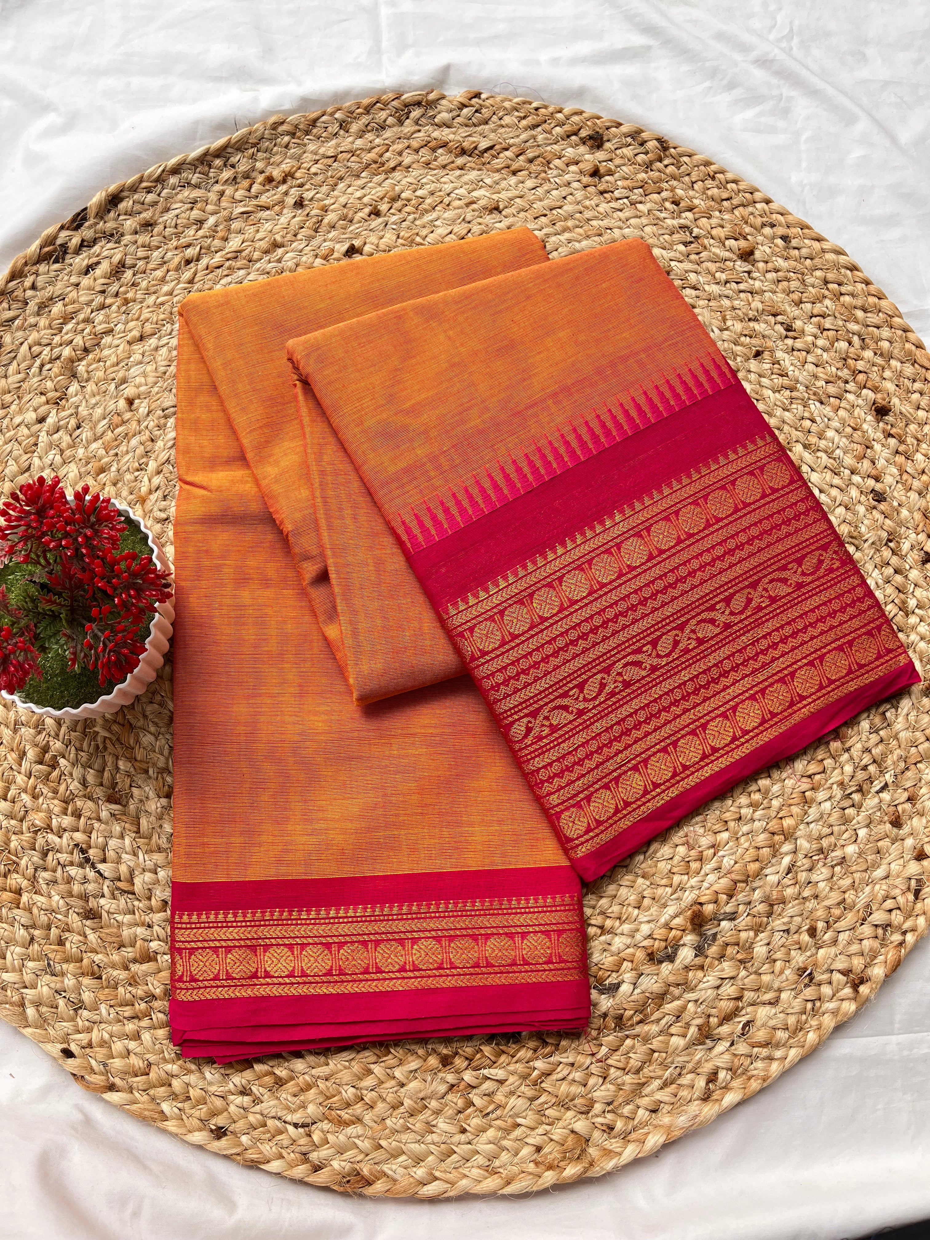 Chettinad cotton Orange & pink-Plain