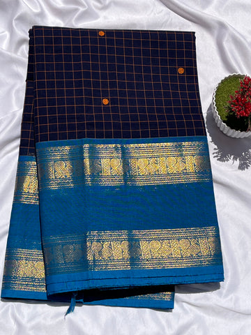 Chettinad cotton navy blue & sky blue-checks butta