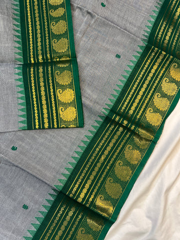 Chettinad cotton saree-ash-green-butta
