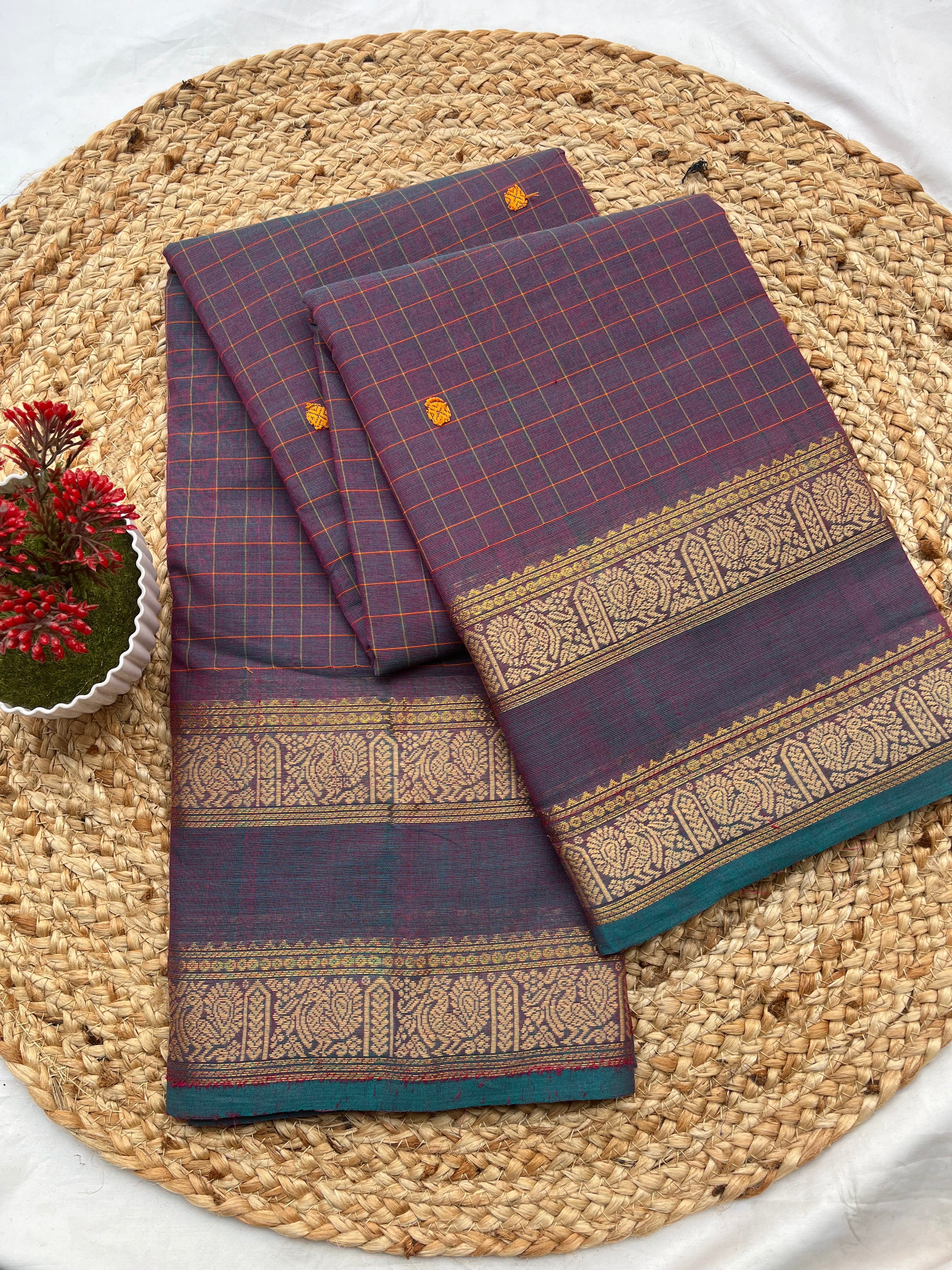 Chettinad cotton purple & blue-checks butta