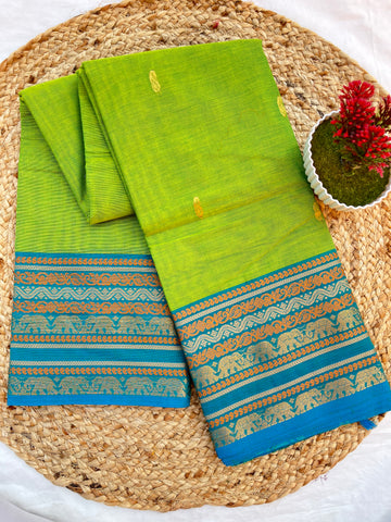 Chettinad cotton parrot green & blue border butta