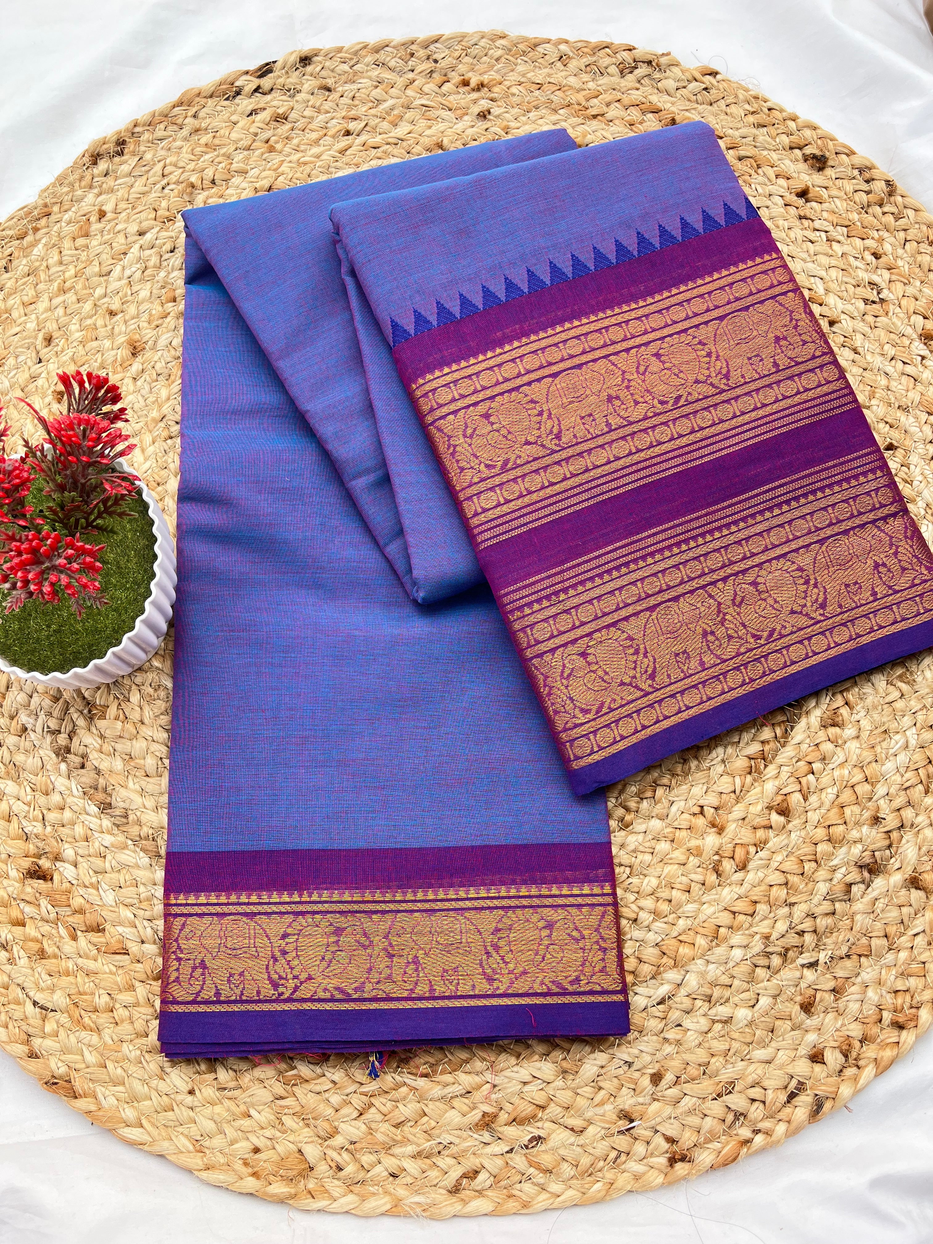 Chettinad cotton blue & Purple-Double border