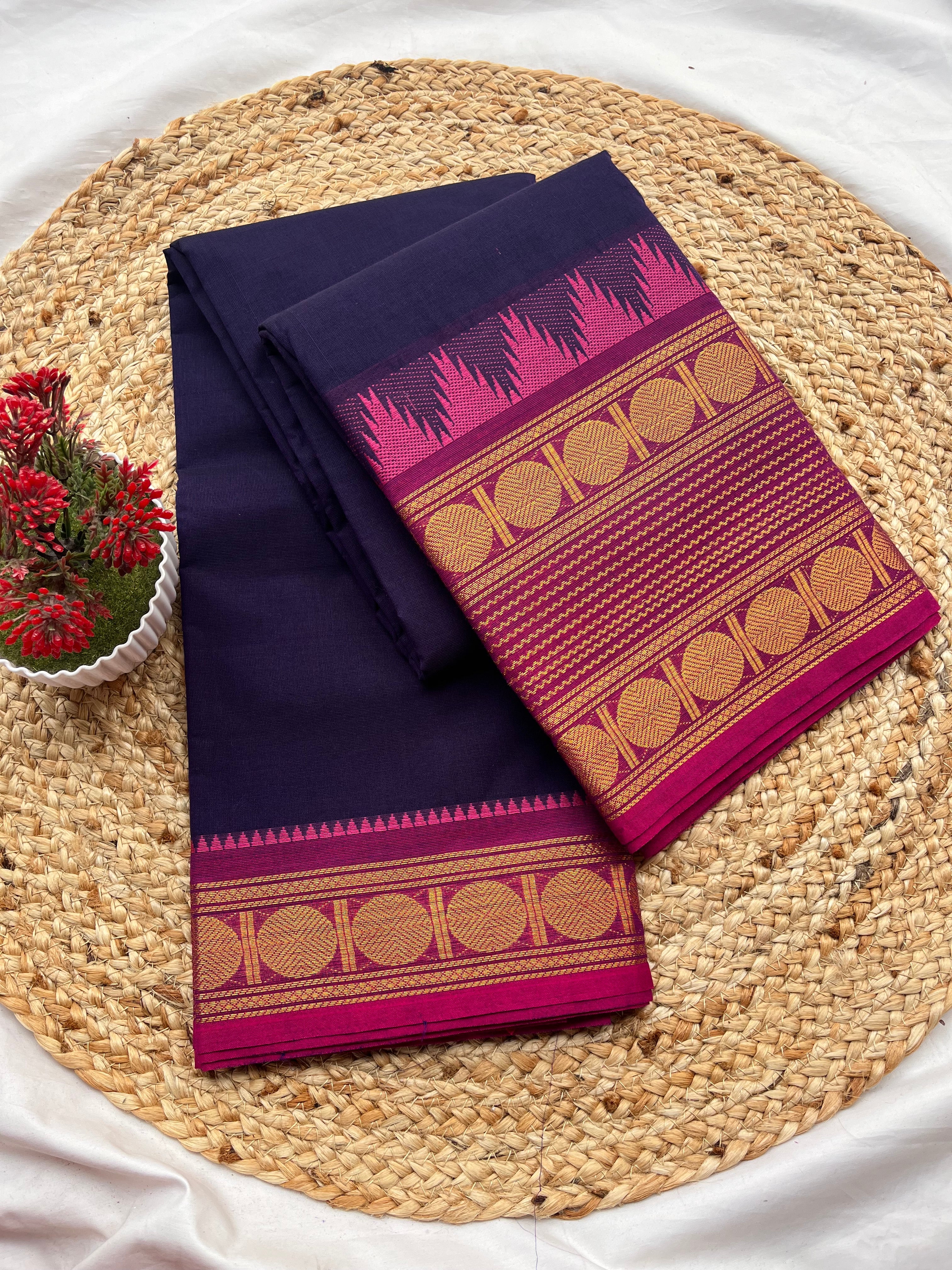 Chettinad cotton navy blue &Pink -line Plain