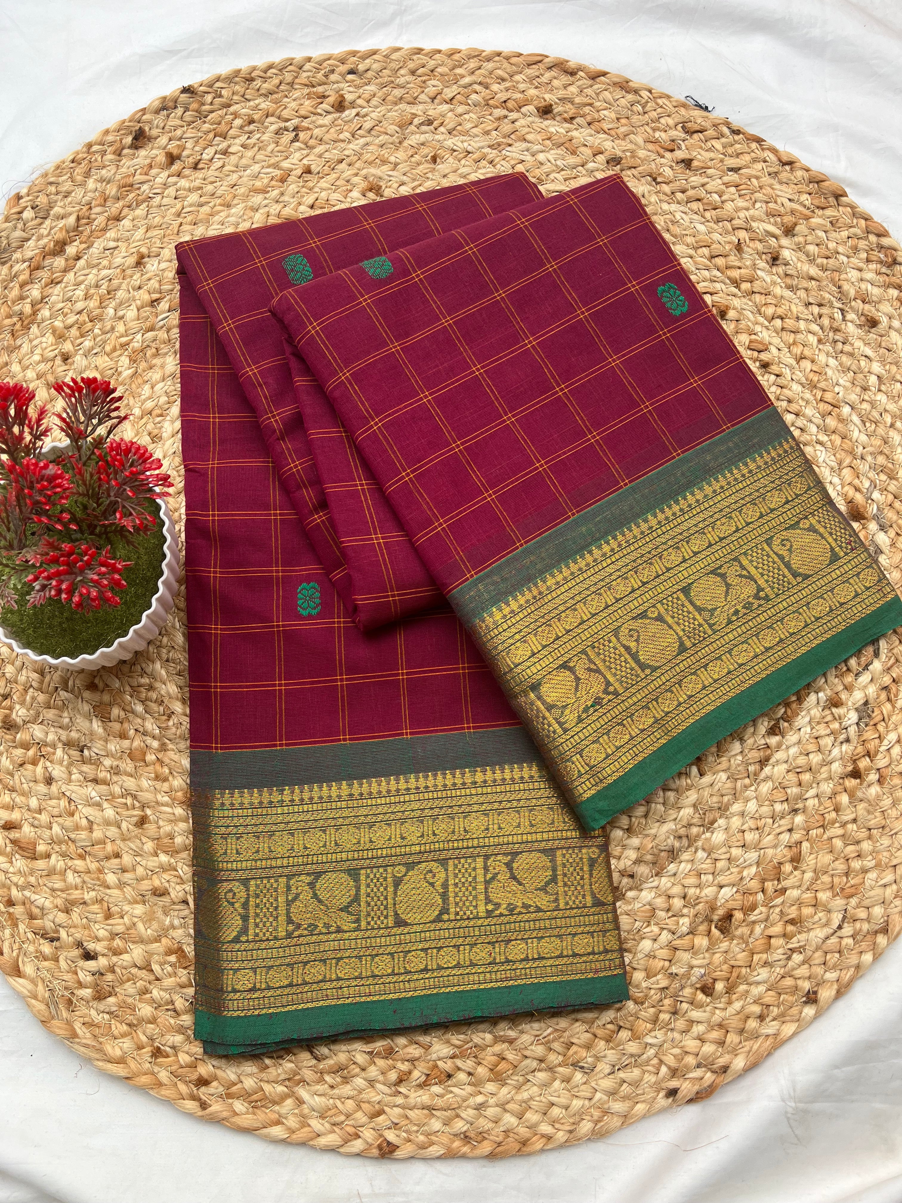 Chettinad cotton purple & rama green-checks butta