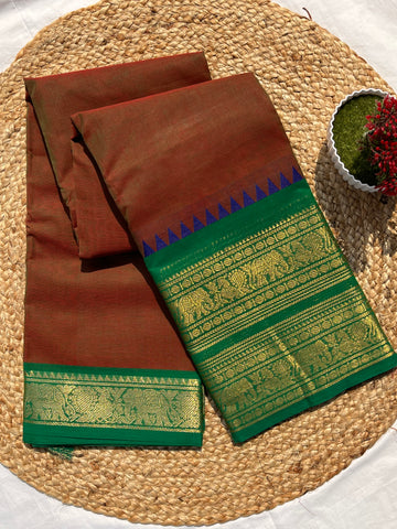 Chettinad cotton brown & green _ double border plain