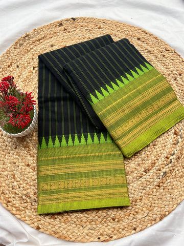Chettinad cotton black & parrot green-lines korvai