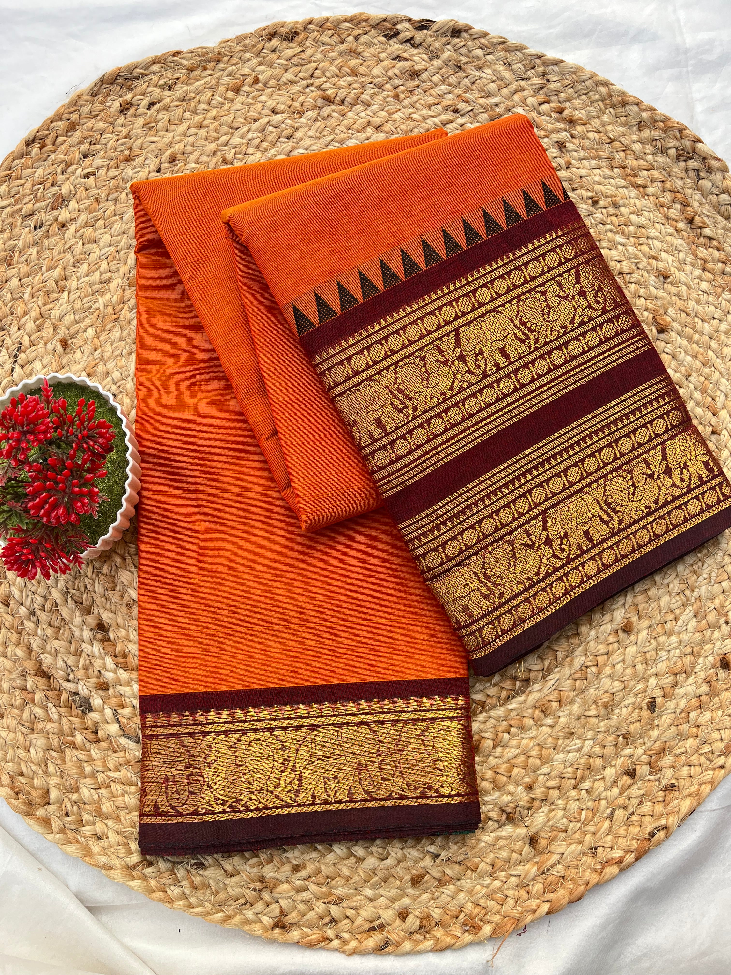 Chettinad cotton Orange & maroon-double Plain