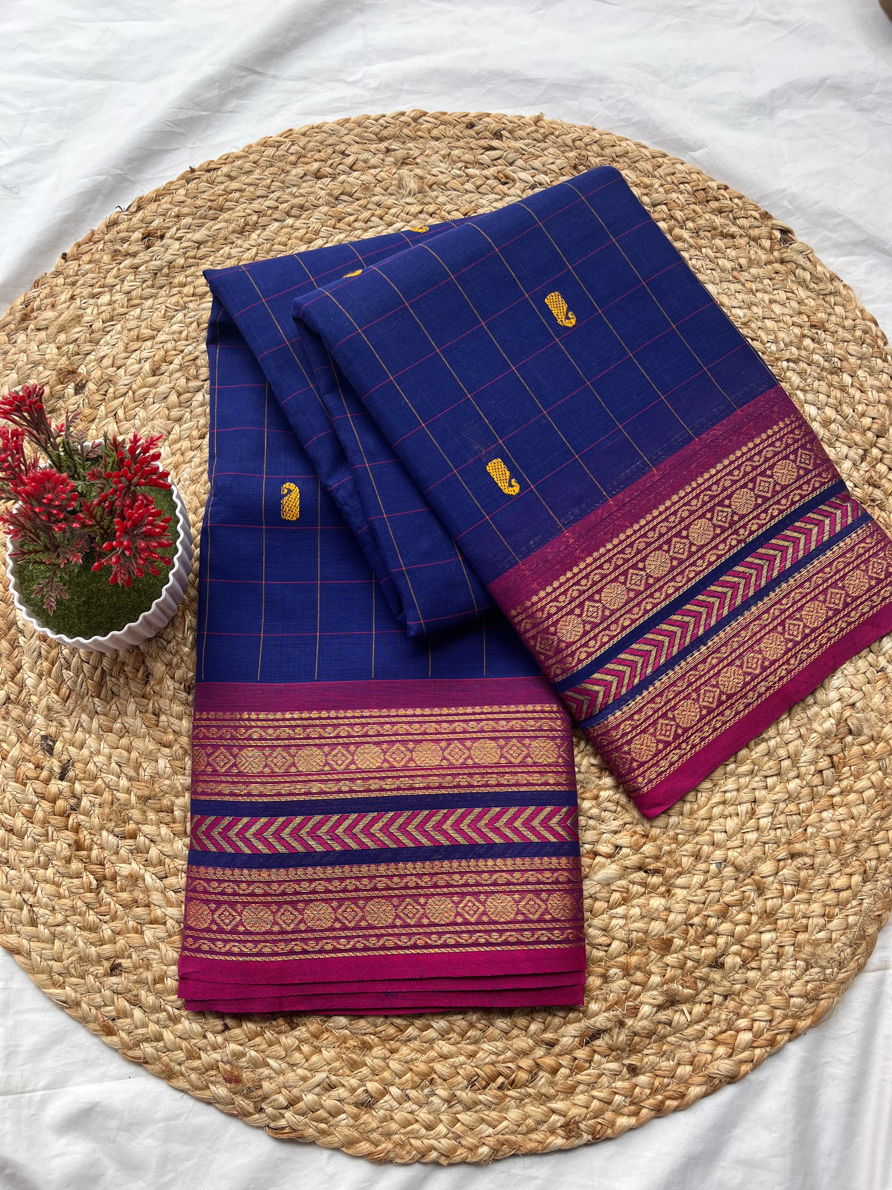 Chettinad cotton Blue & pink-checks butta