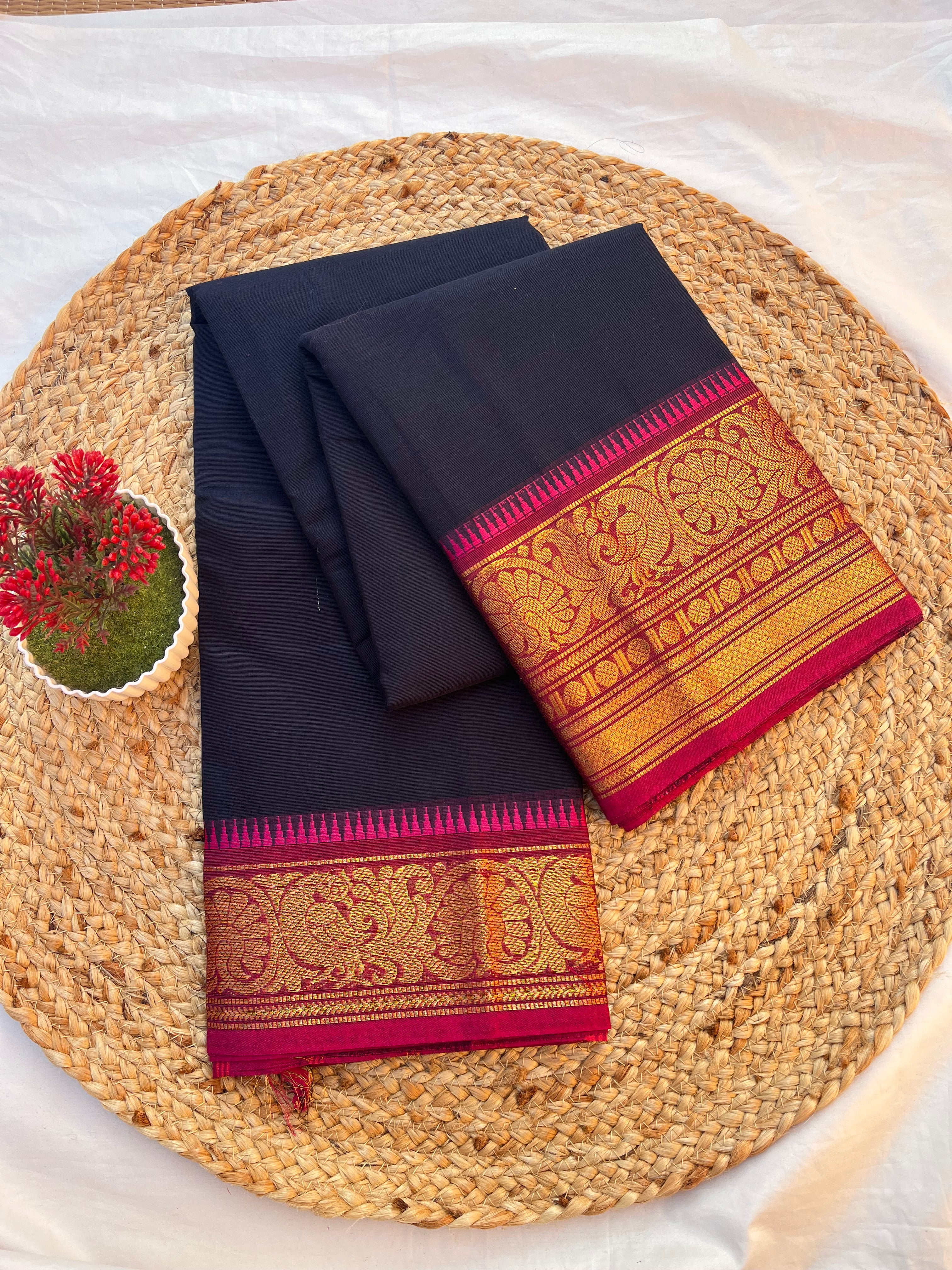 Chettinad cotton navy blue & Pink-Plain