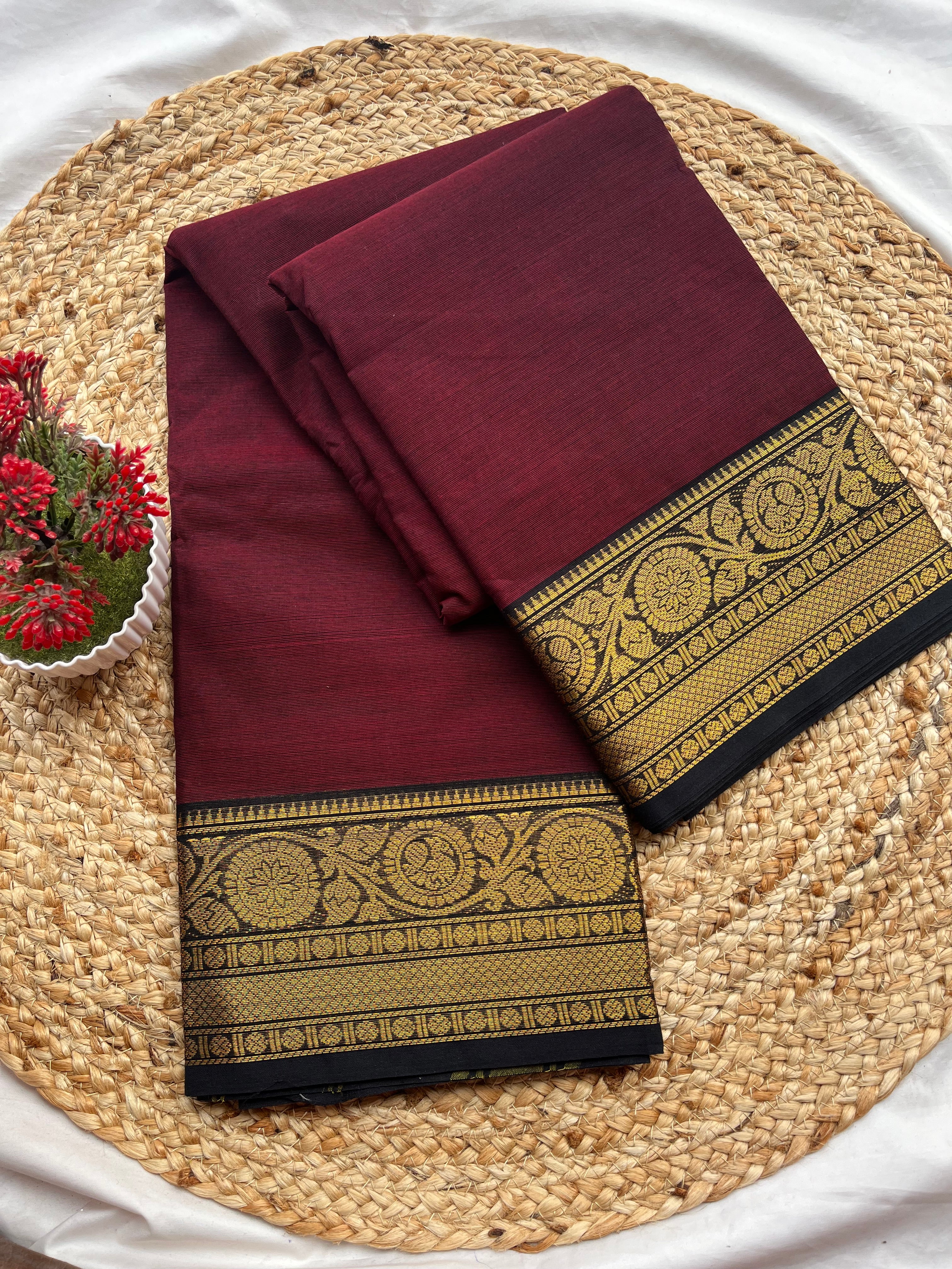 Chettinad cotton Maroon & Black-Plain