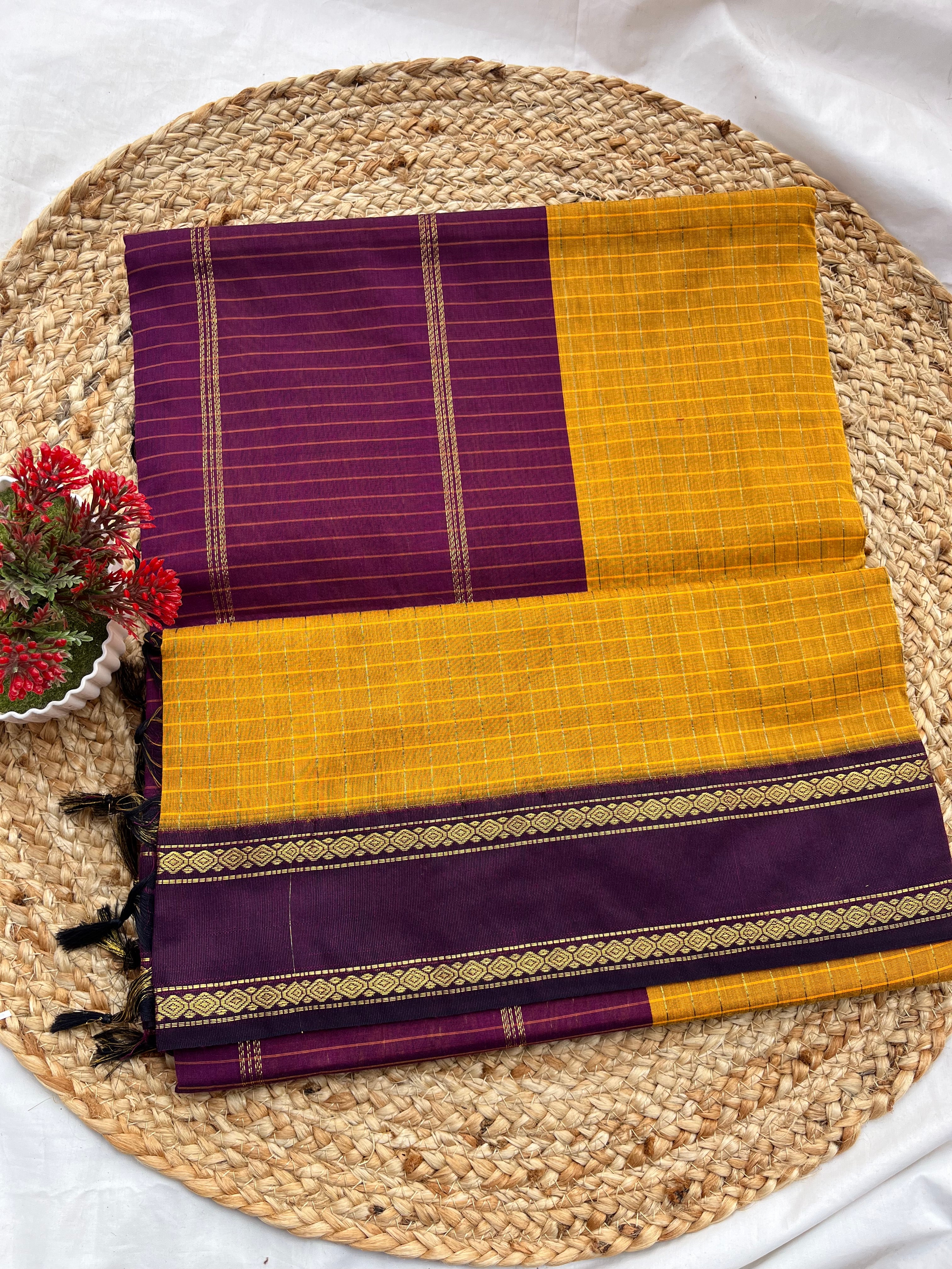 Kalyani cotton yellow & wine gab