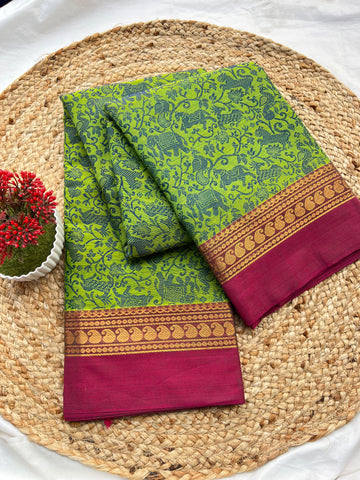 Chettinad cotton parrot green & pink-vanam