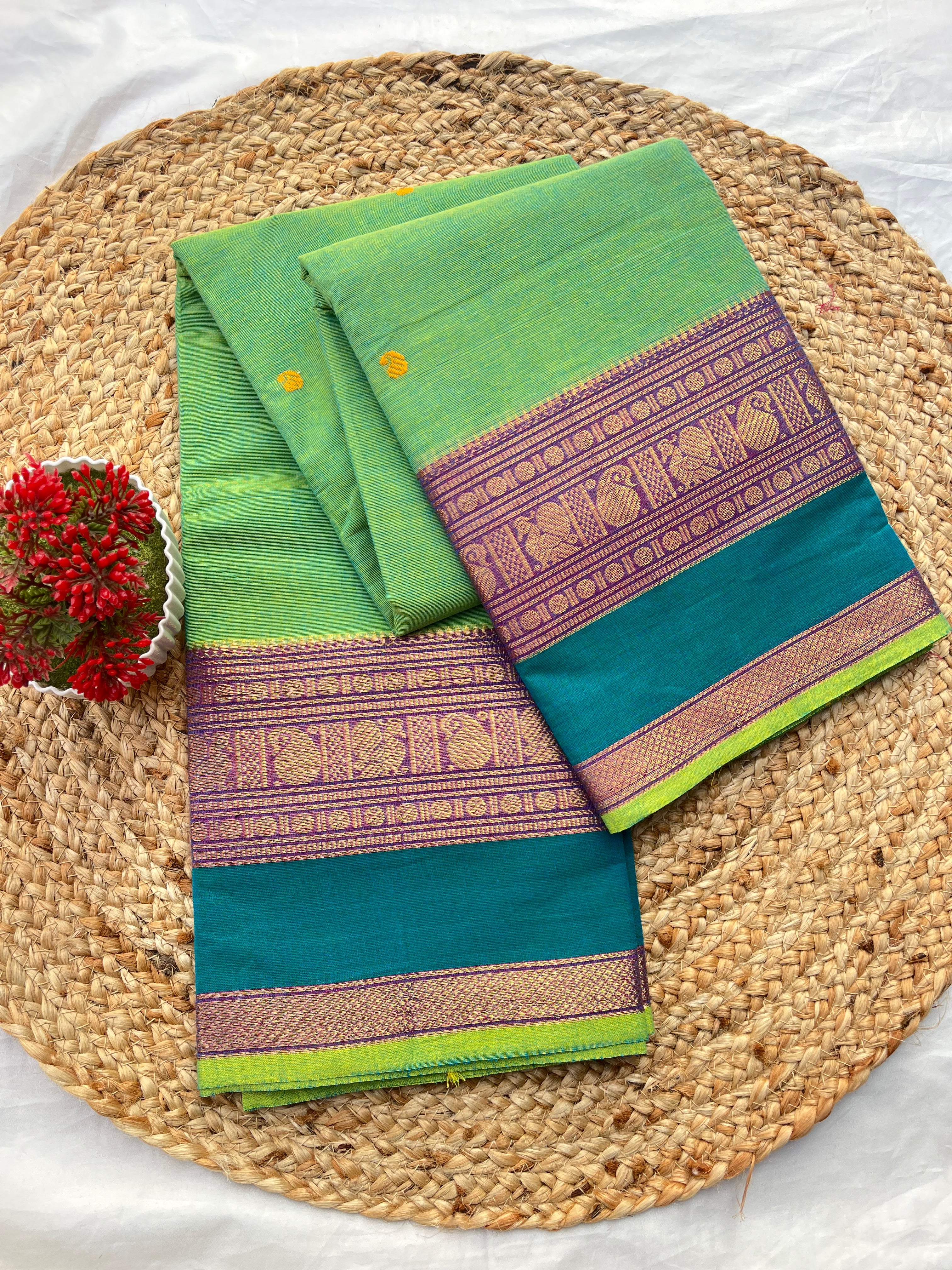 Chettinad cotton pastel green & blue-butta
