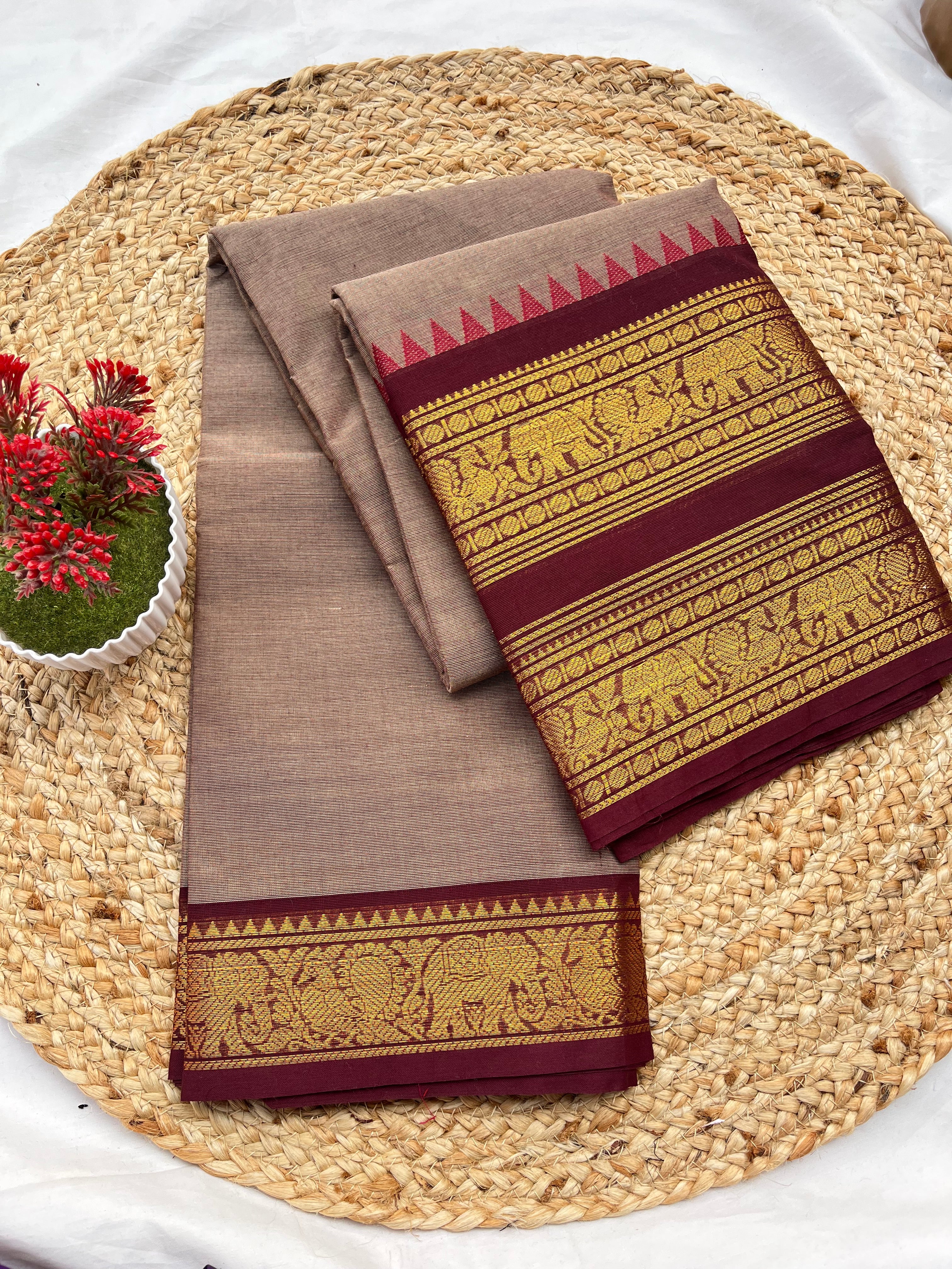 Chettinad cotton Ash & Maroon-double border plain