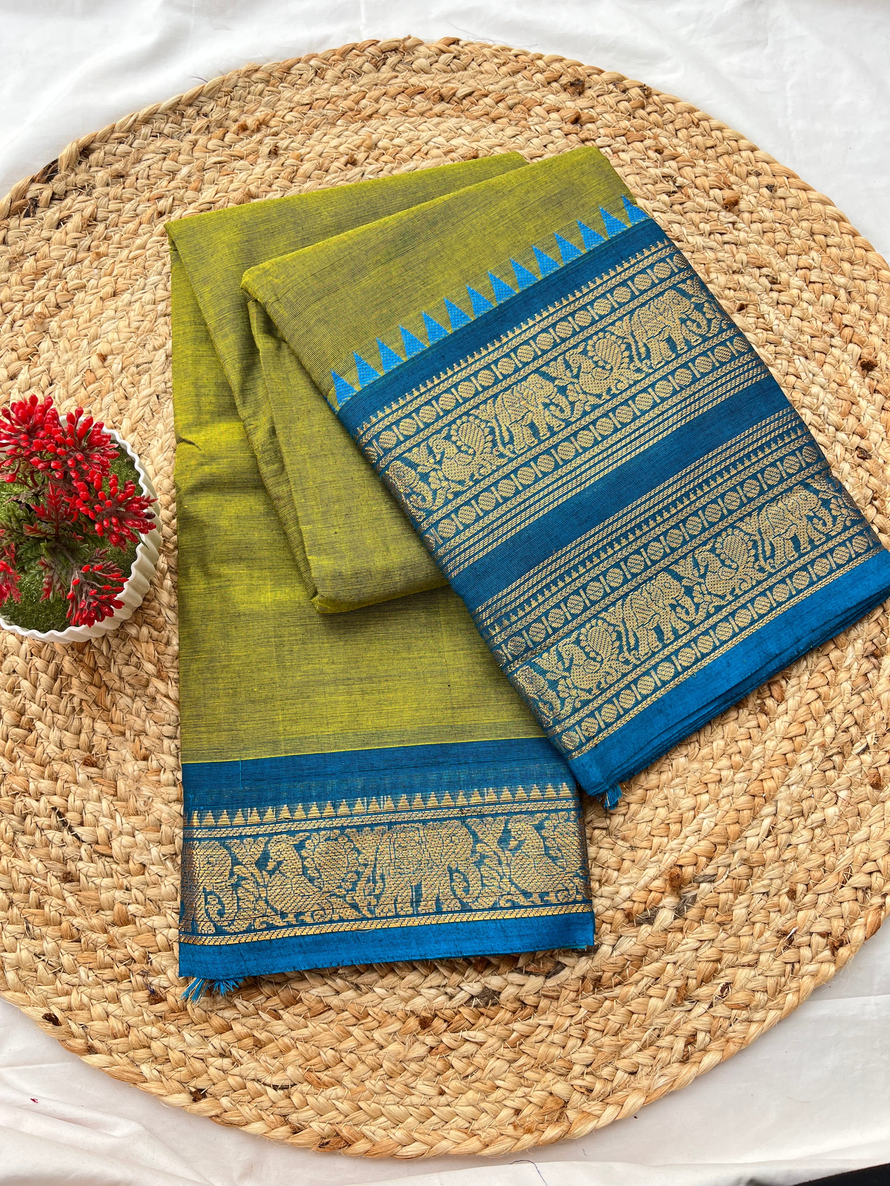 Chettinad cotton green & blue-double border plain