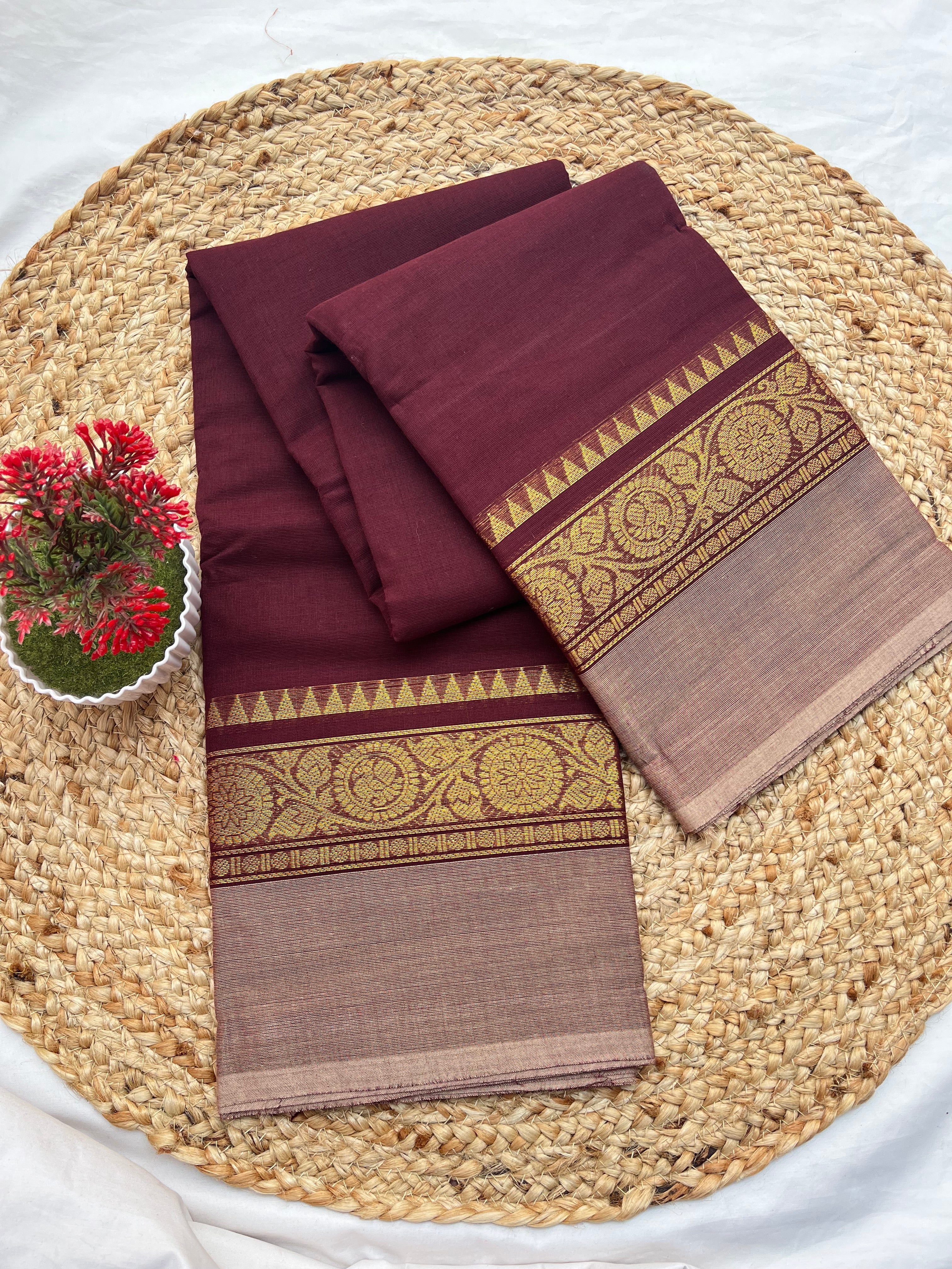 Chettinad cotton coffee brown & pink-Plain