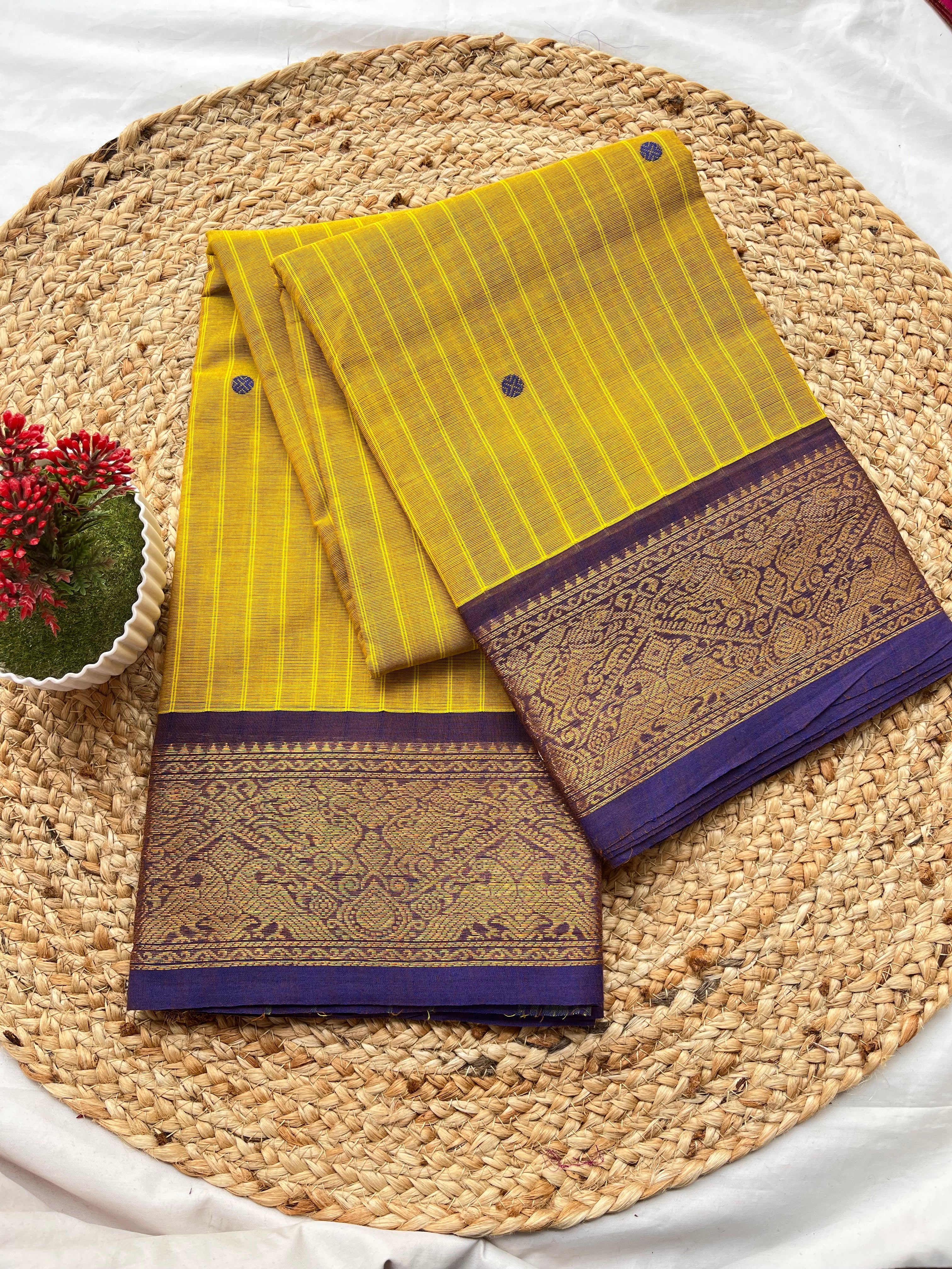 Chettinad cotton lemon yellow & blue-strips butta