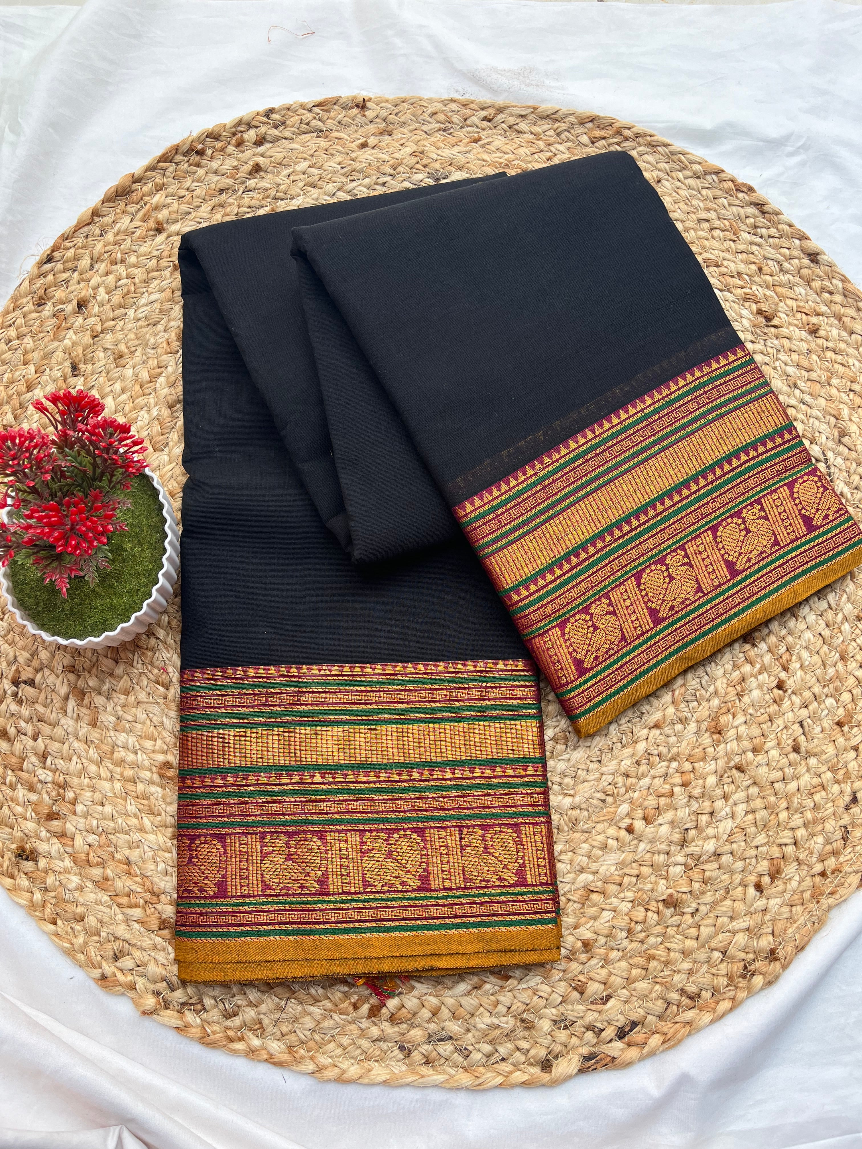 Chettinad cotton Black & multi colour-plain