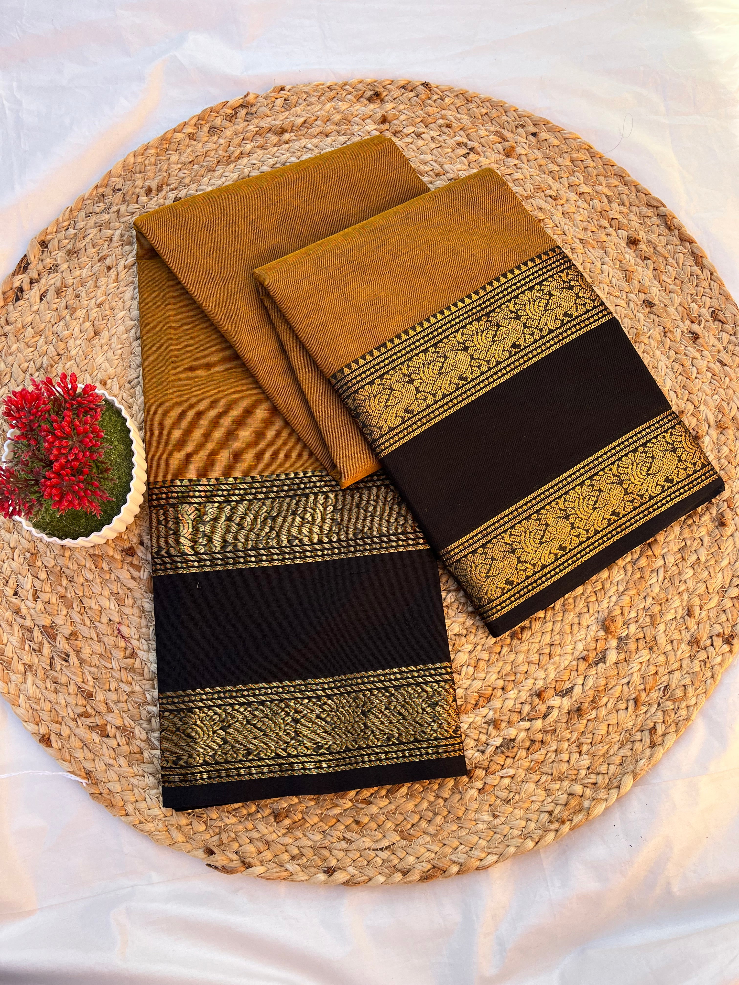 Chettinad cotton mustard yellow & black-gab Plain