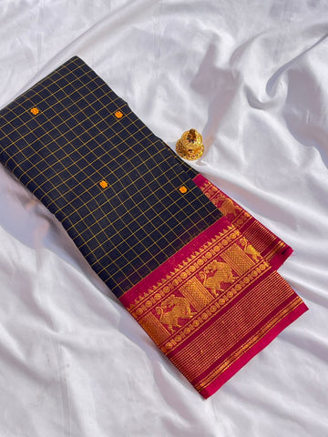Chettinad cotton saree -black- pink- check butta