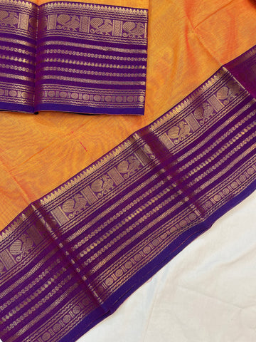 Chettinad cotton saree - orange & purple- plain