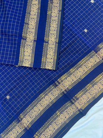 Chettinad cotton saree - blue-checks-butta