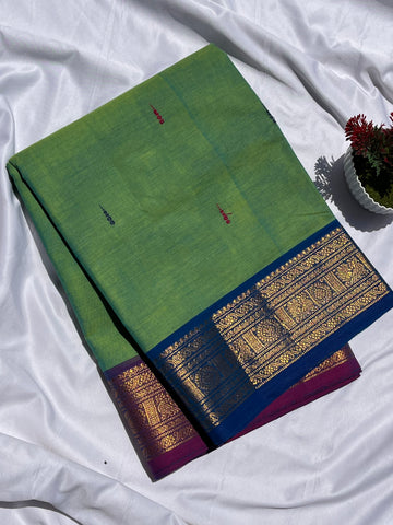 Chettinad cotton parrot green & blue _ pink butta