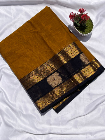 Chettinad cotton mustard yellow & black border annam plain
