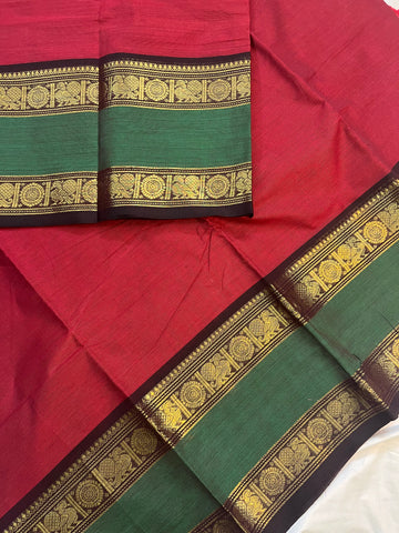 Chettinad cotton saree - red & green - plain