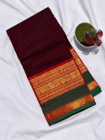 Chettinad cotton dark marron & red _bottle green korvai checks