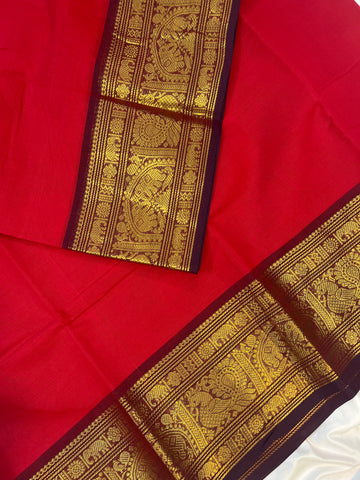 Chettinad cotton saree - red - plain