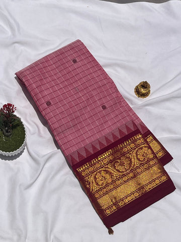 Chettinad cotton saree - Pink &Maroon - Checks butta