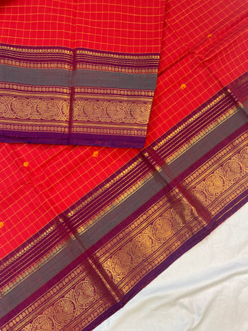 Chettinad cotton saree - red - checks butta