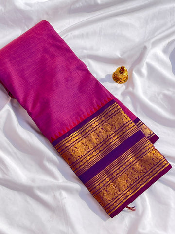 Chettinad cotton saree -onion pink-blue - plain