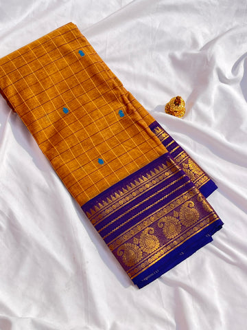 Chettinad cotton saree-orange -purple-check butta