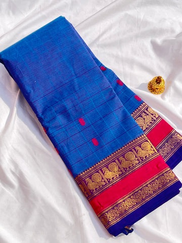 Chettinad cotton saree-blue-pink-check butta