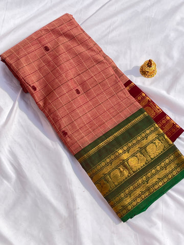 Chettinad cotton saree-pink-green & brown-checks butta