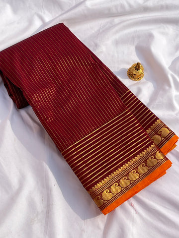 Chettinad cotton saree-brown -orange korvai checks